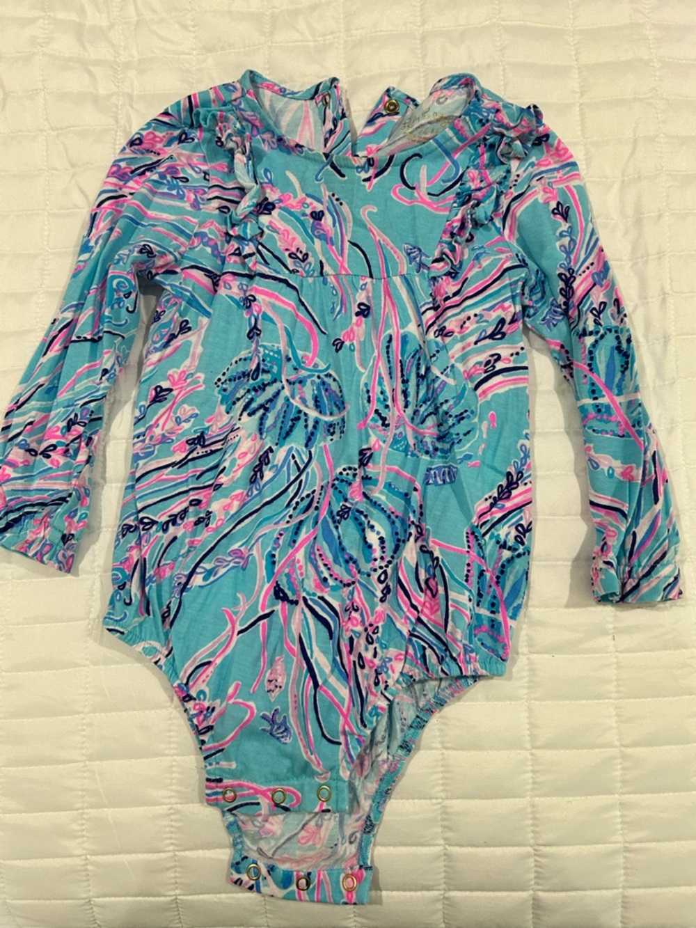 Girls Long Sleeve Swirl Print Bodysuit in Aqua & Pink